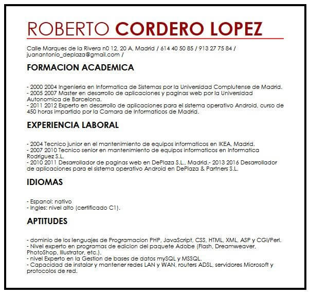 Modelo de CV con una Instancia no Solicitada - MiCVideal.es