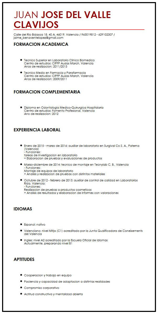 Modelo de CV para Estudiantes de Instituto  Muestra 