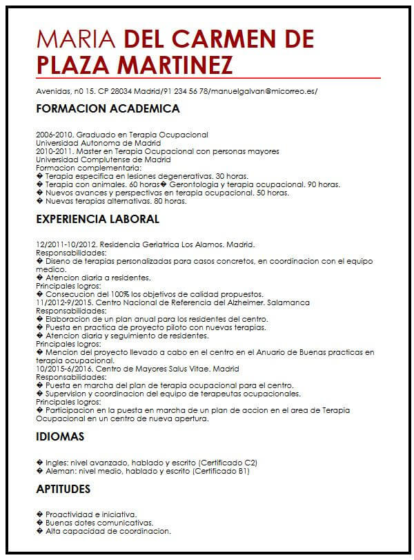 Modelo de CV para Trabajo de Verano  Muestra curriculum Vitae