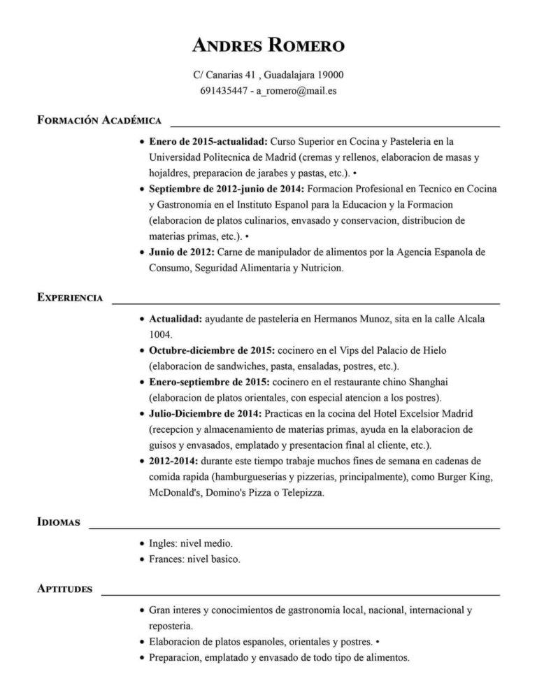ejemplos de currículum vitae para cocinero