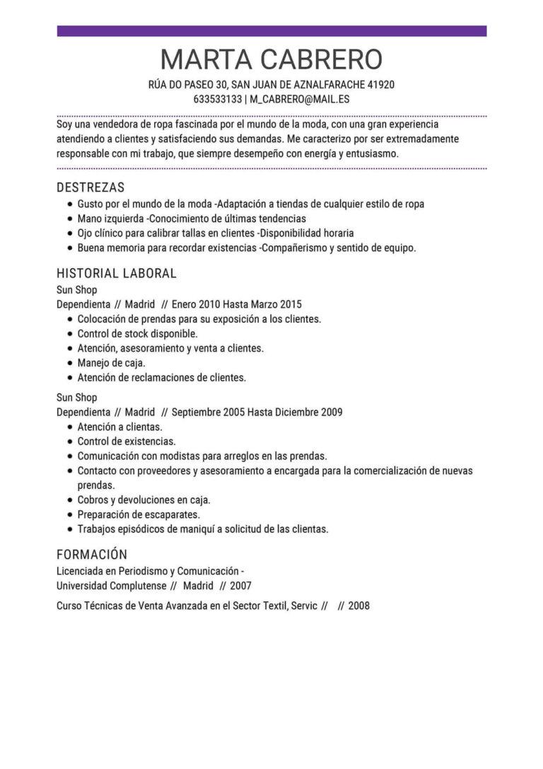 ejemplo de currículum para dependiente