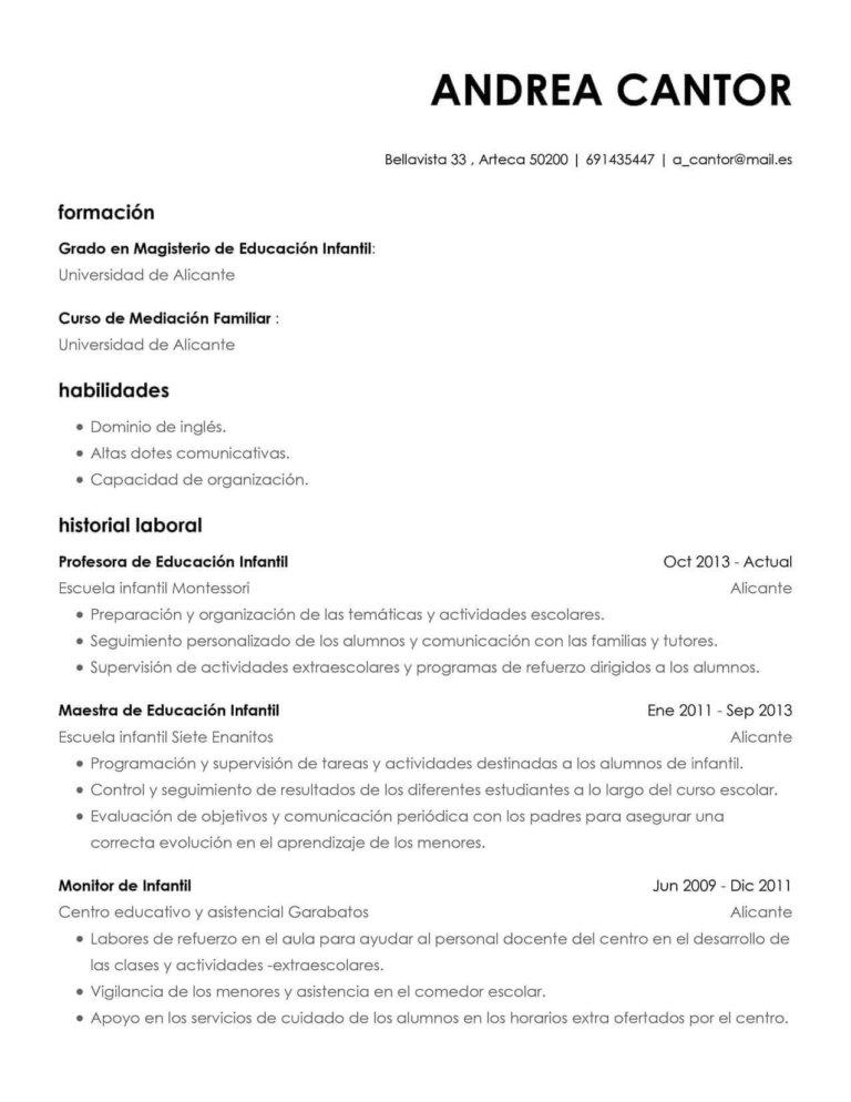 ejemplo de currículum vitae para educador infantil