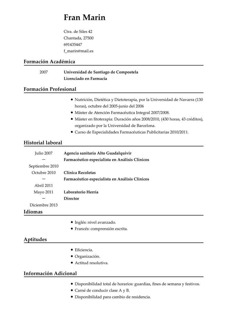 ejemplo de curriculum vitae para farmacéutico
