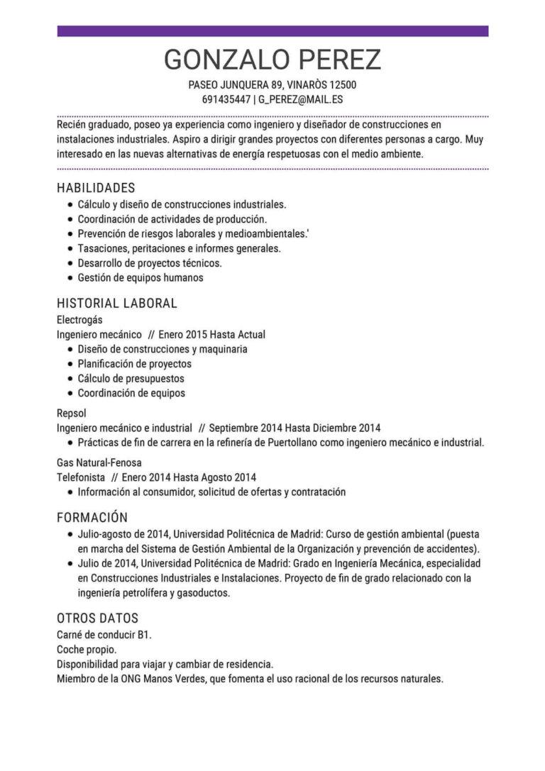 ejemplo de curriculum vitae para ingeniero