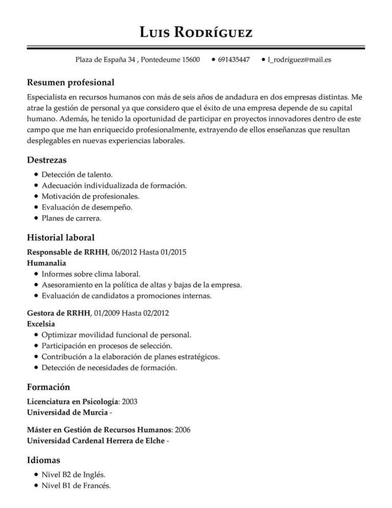 ejemplo de curriculum vitae para el área de recursos humanos