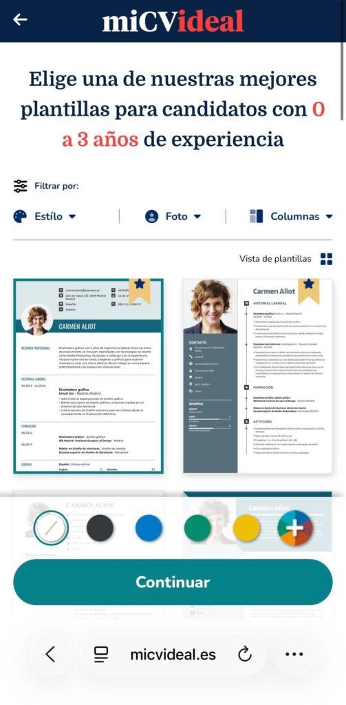 Paso 4 para crear curriculum online desde el móvil con Mi CV Ideal elegir plantilla de CV para llenar