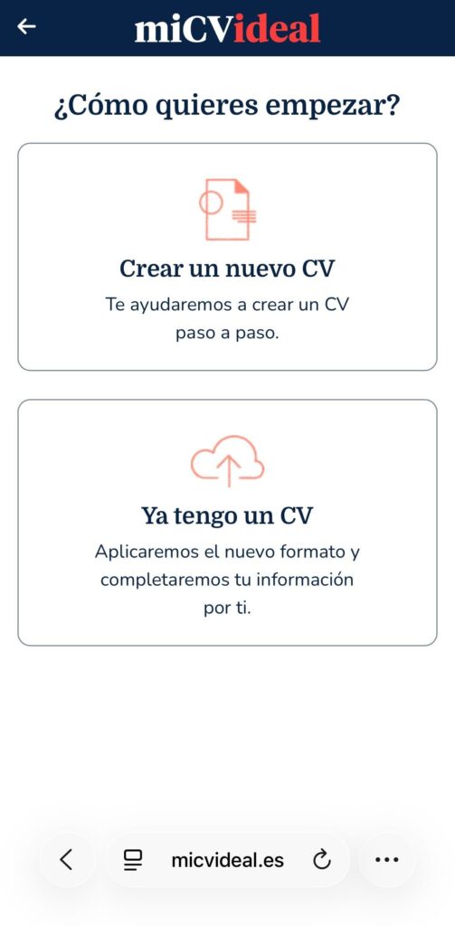 Paso 5 para crear curriculum online desde el móvil con Mi CV Ideal elegir si importar CV o empezar de cero