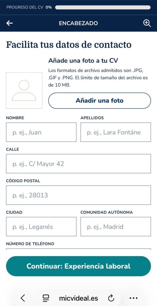 Paso 6 para crear curriculum online desde el móvil con Mi CV Ideal completar secciones del currículum