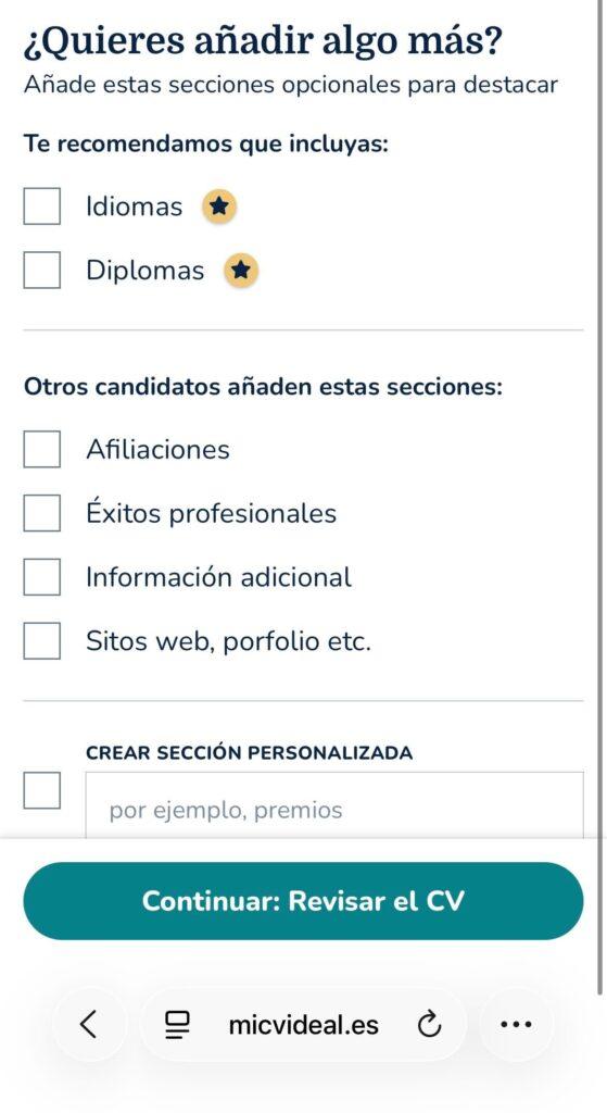 Paso 7 para crear curriculum online desde el móvil con Mi CV Ideal personalizar CV con información adicional