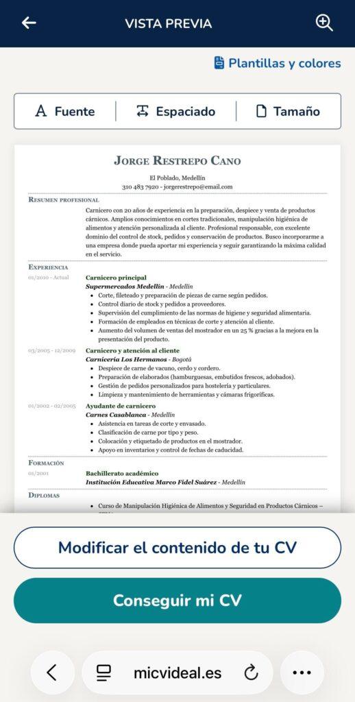 Paso 8 para crear curriculum online desde el móvil con Mi CV Ideal revisar y perfeccionar currículum