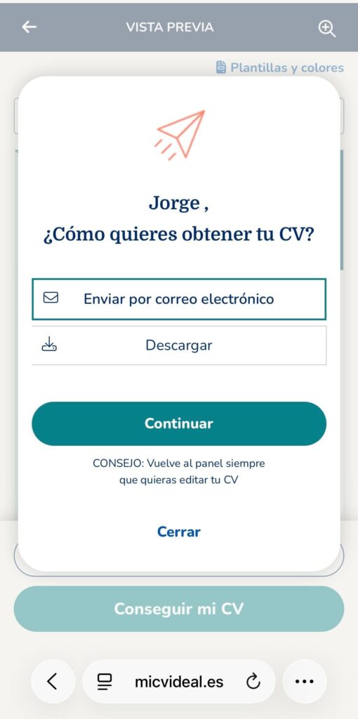 Paso 9 para crear curriculum online desde el móvil con Mi CV Ideal descargar currículum final