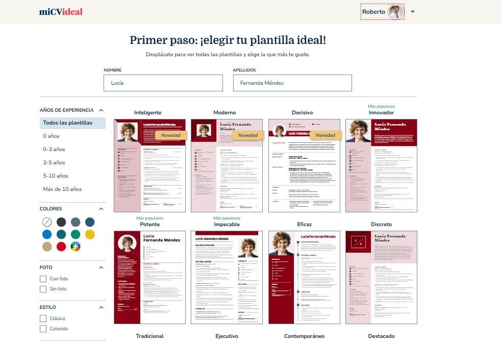 Paso 2 para crear un CV digital desde miCVideal elegir plantilla