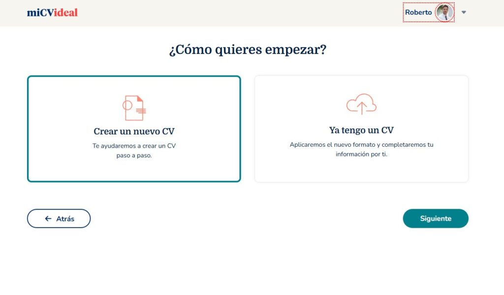 Paso 3 para crear un CV digital desde miCVideal escoger cómo empezar