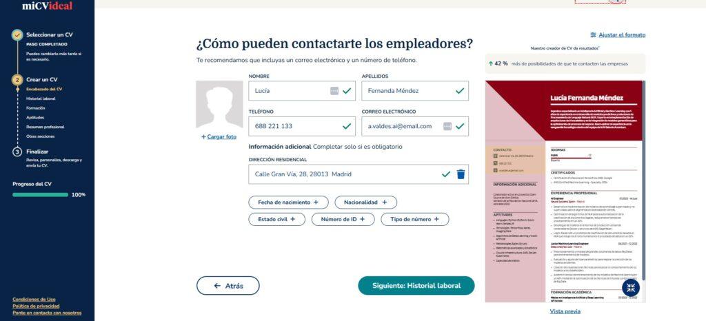 Paso 4 para crear un CV digital desde miCVideal completar datos personales