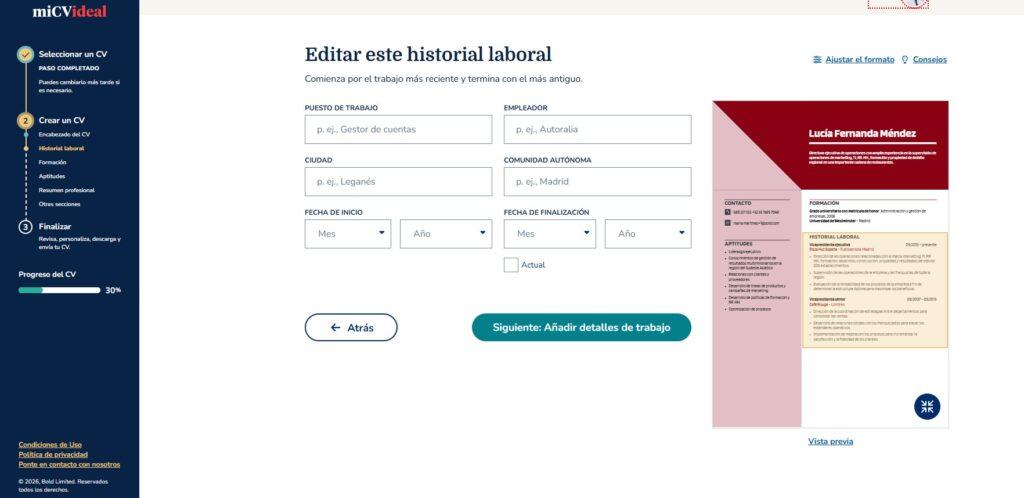 Paso 5 para crear un CV digital desde miCVideal añadir experiencia laboral