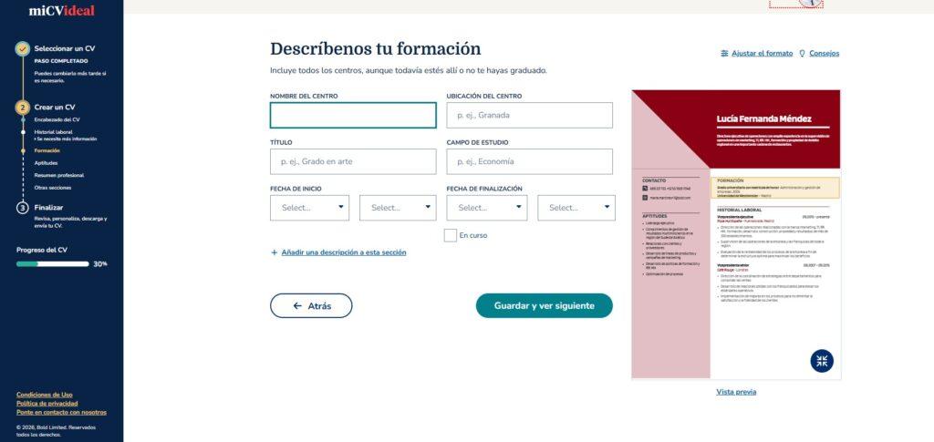 Paso 6 para crear un CV digital desde miCVideal describir formación académica