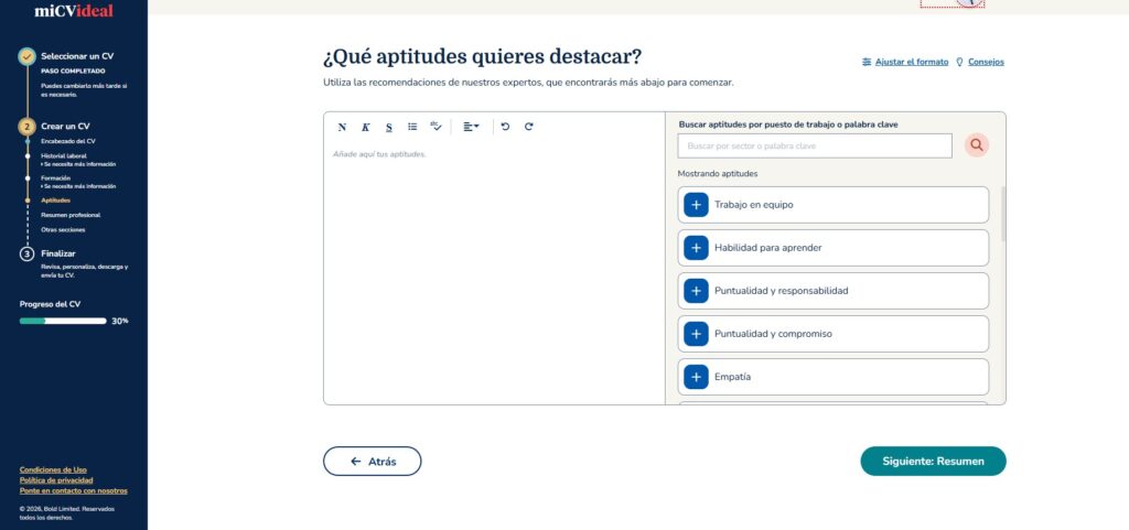 Paso 7 para crear un CV digital desde miCVideal destacar tus habilidades