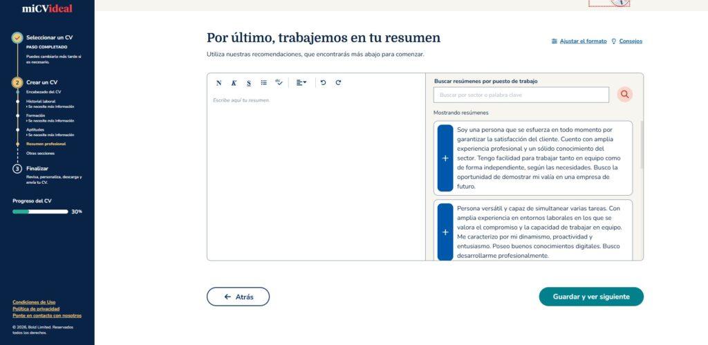 Paso 8 para crear un CV digital desde miCVideal redactar sección de sobre mí