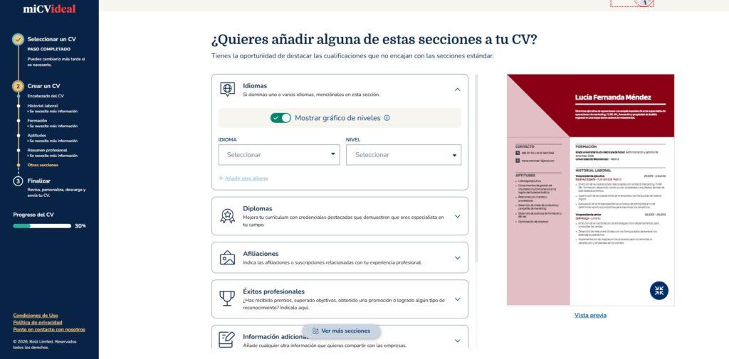 Paso 9 para crear un CV digital desde miCVideal añadir secciones adicionales
